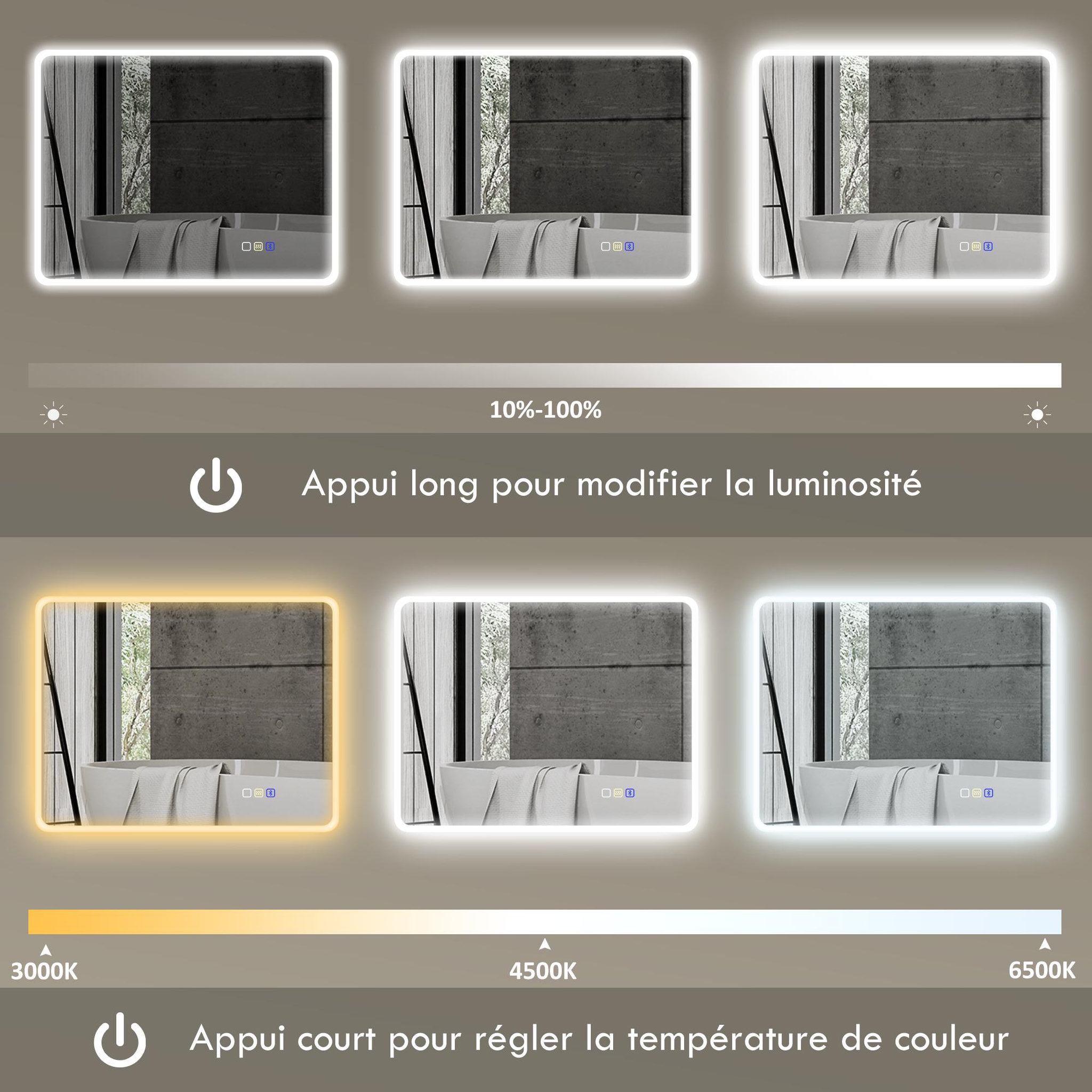 Voir la diapositive 6 : HOMCOM Miroir lumineux led salle de bain 90 x 70 cm bluetooth interrupteur tactile lumière réglable 3 couleurs fonction anti-buée et mémoire