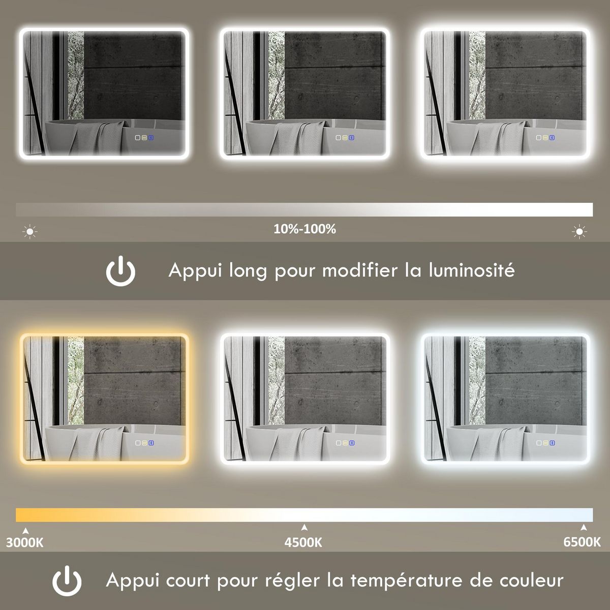 HOMCOM Miroir lumineux LED salle de bain 90 x 70 cm bluetooth interrupteur tactile lumière réglable 3 couleurs fonction anti-buée et mémoire