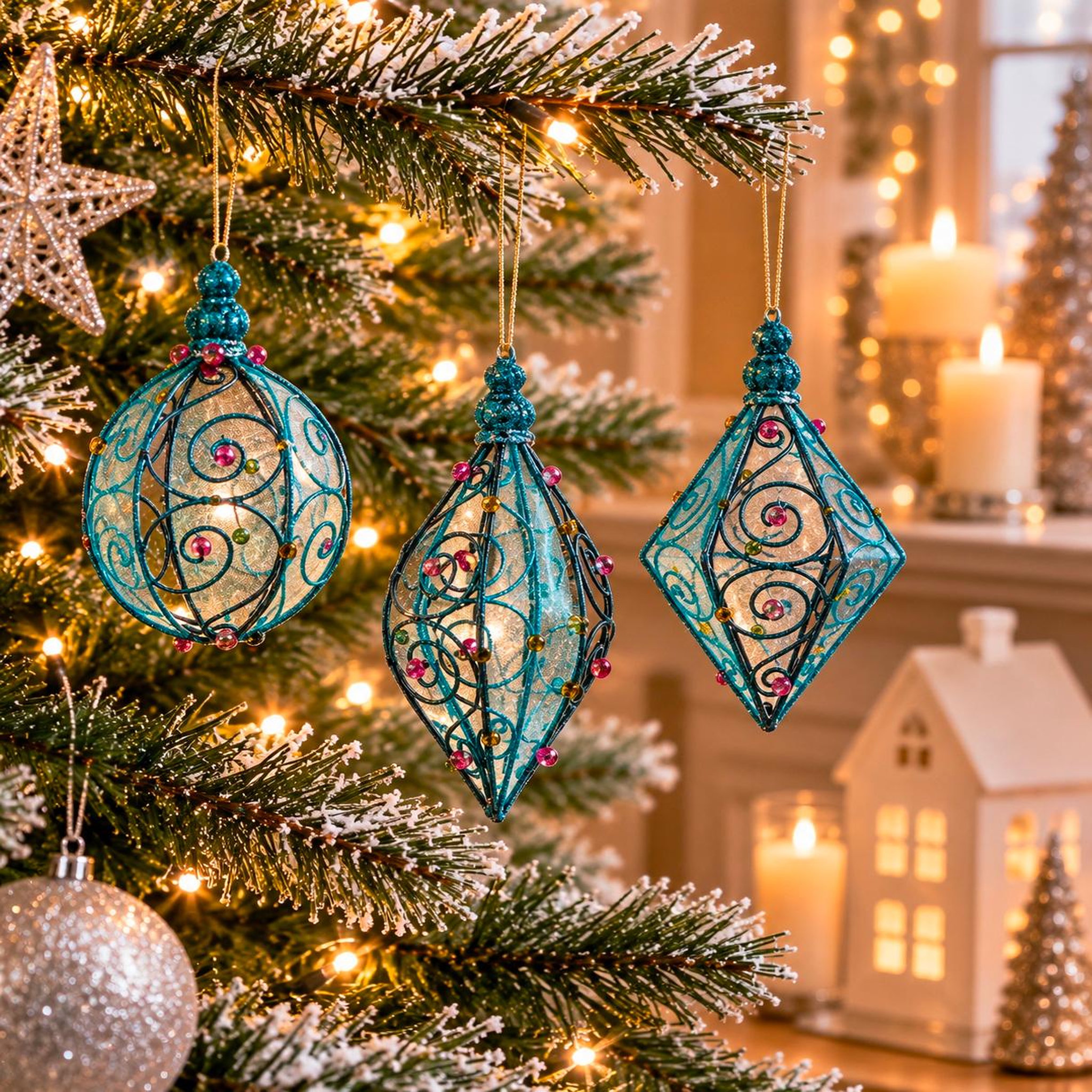 Voir la diapositive 2 : Eden Lot de 3 boules de noël en métal bleu et rose