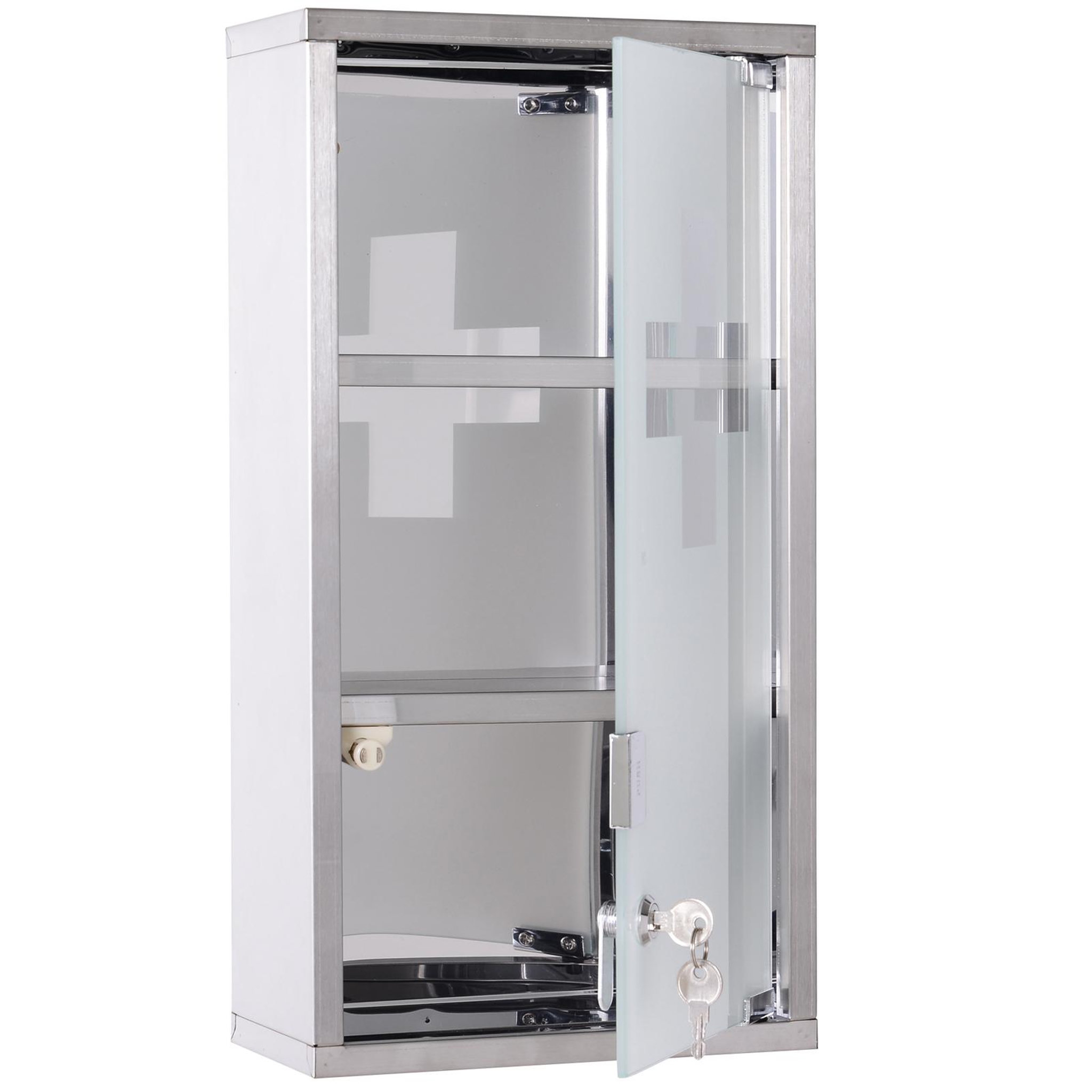 HOMCOM Armoire à pharmacie 2 étagères 3 niveaux verrouillable porte verre trempé dépoli logo croix 25l x 12l x 48h cm acier inox