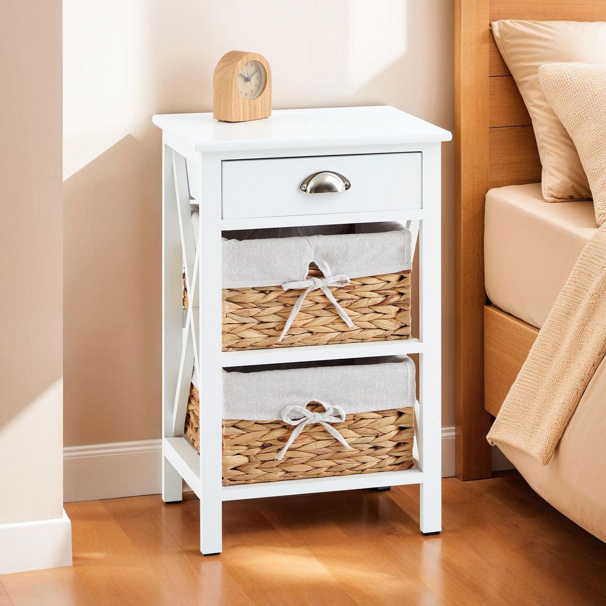IDIMEX Table de chevet RAVEO avec 1 tiroir et 2 paniers, en bois lasuré