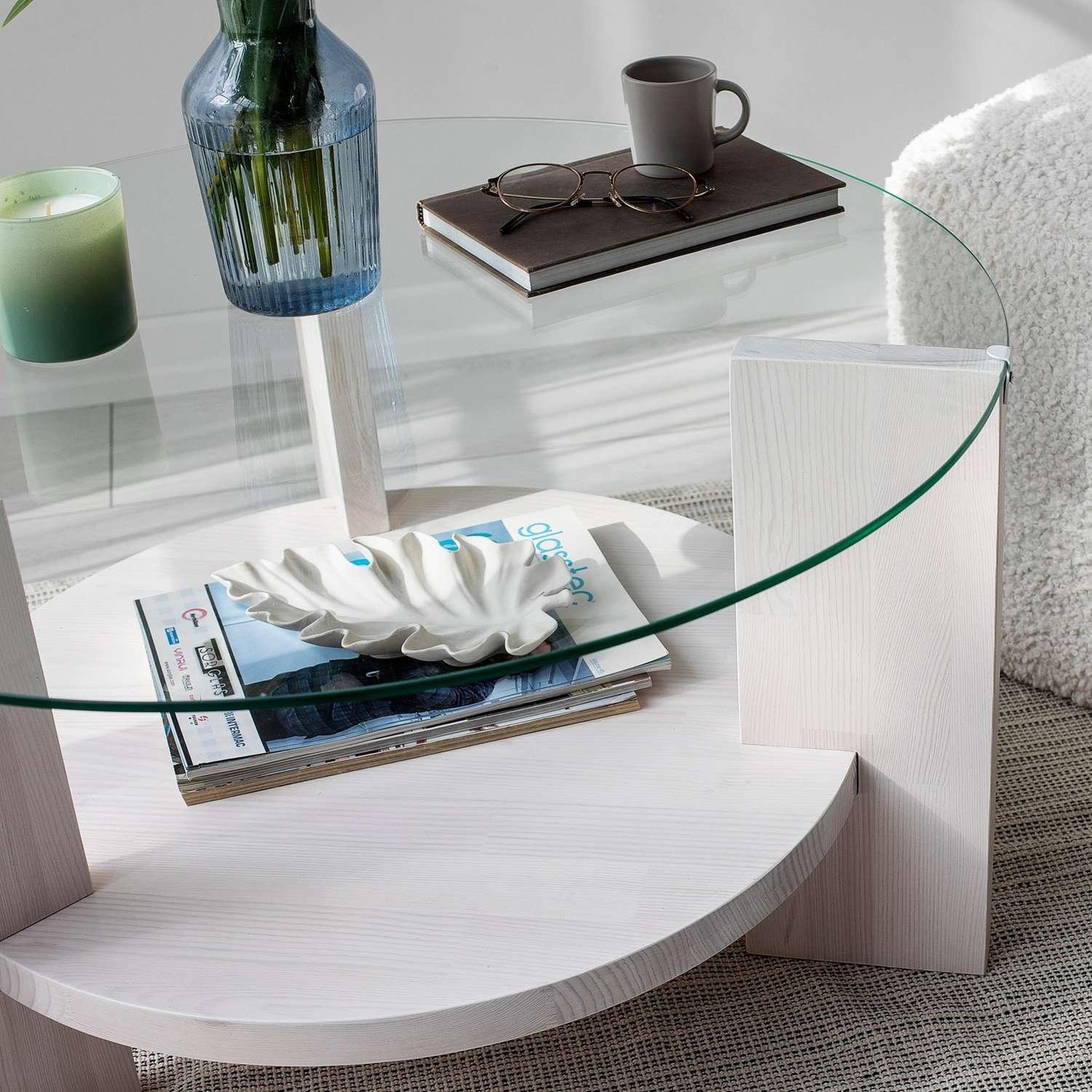 Voir la diapositive 5 : TOILINUX Table basse ronde 1 étagère auréline en verre et bois - transparent et blanc