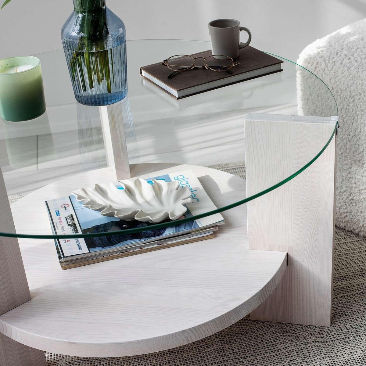 TOILINUX Table basse ronde 1 étagère Auréline en verre et bois - Transparent et Blanc