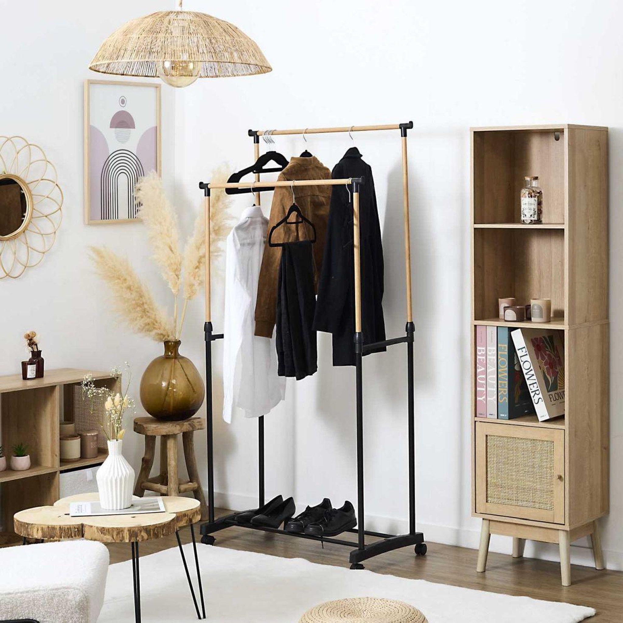 Voir la diapositive 5 : Je cherche une idee Portant à vêtements double ajustable  effet bois  160cm noir
