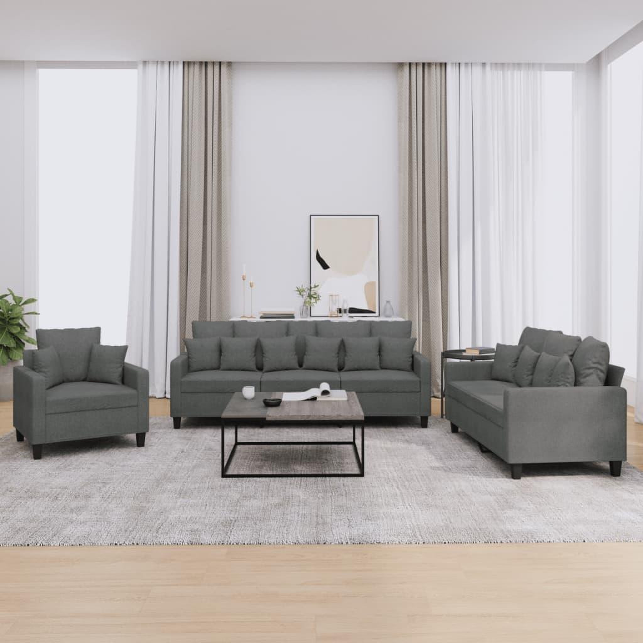 VIDAXL Ensemble de canapes 3 pcs coussins gris fonce tissu