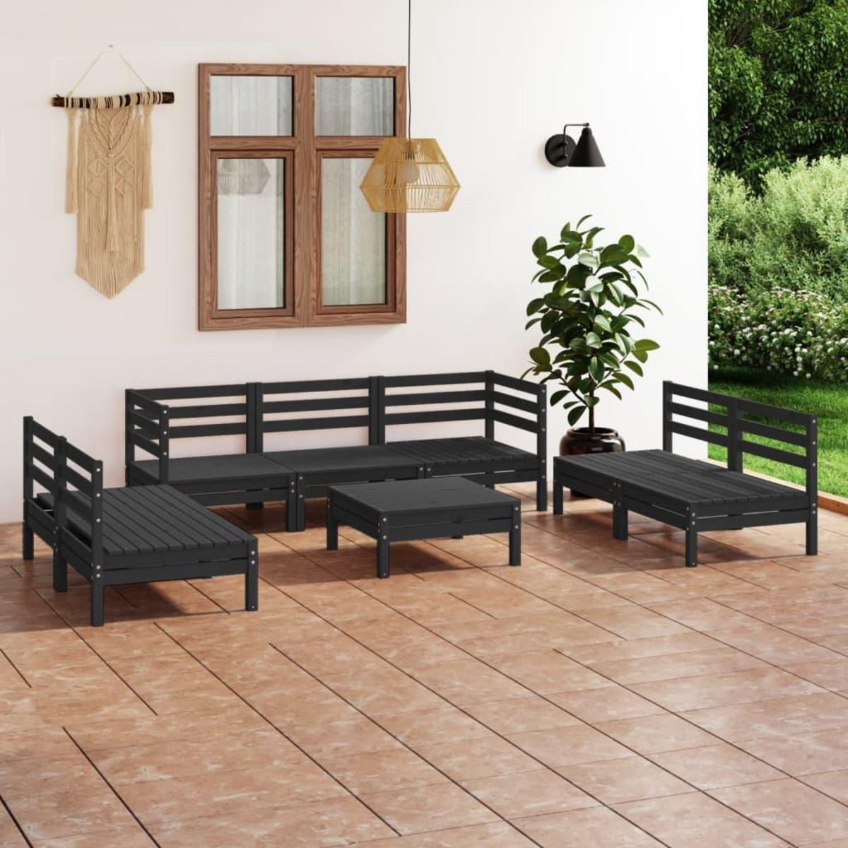 VIDAXL Salon de jardin 8 pcs Noir Bois de pin massif