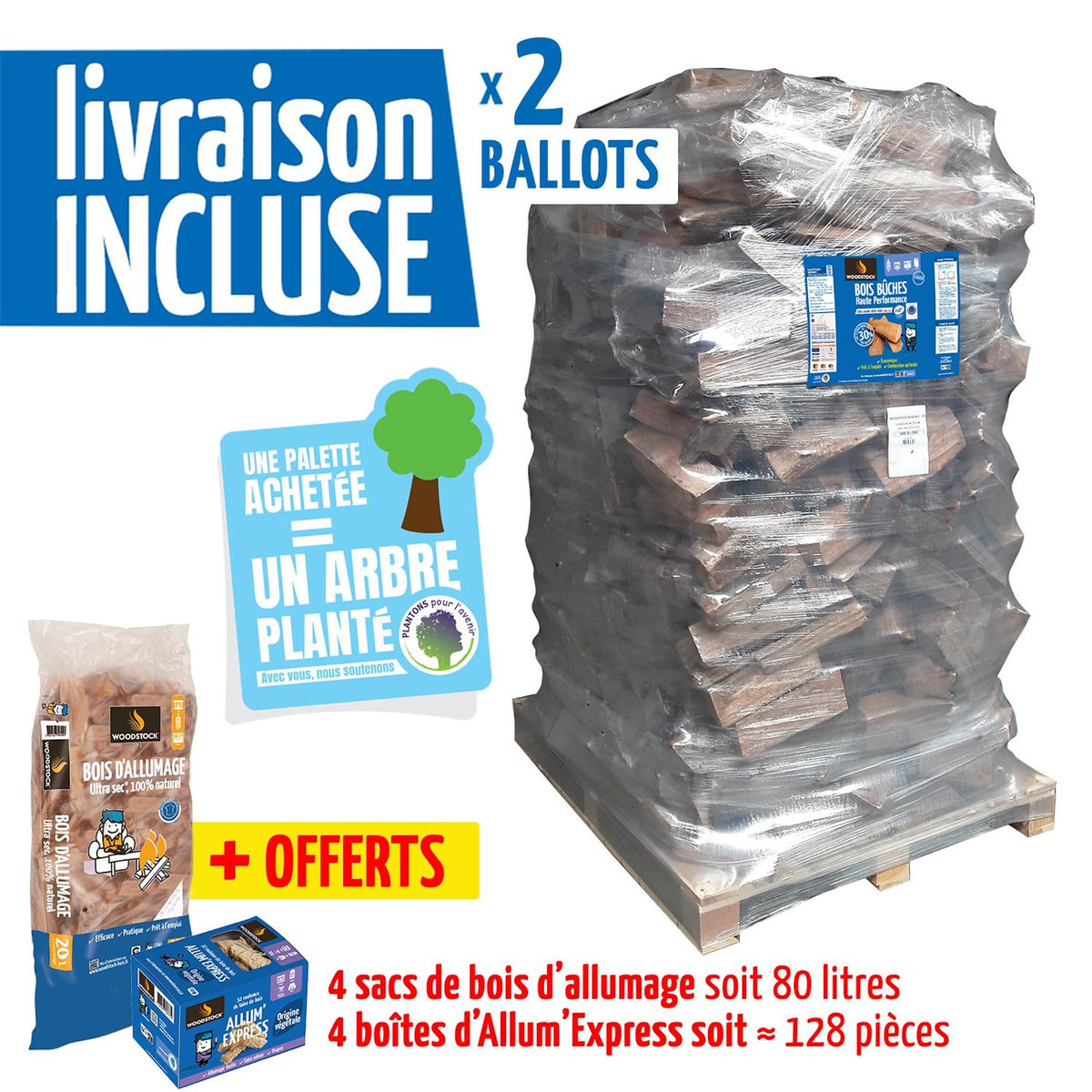 WOODSTOCK Bois de chauffage haute performance, lot de 2 ballots de 2 000 dm3 - bûches de 40cm + allumage offerts