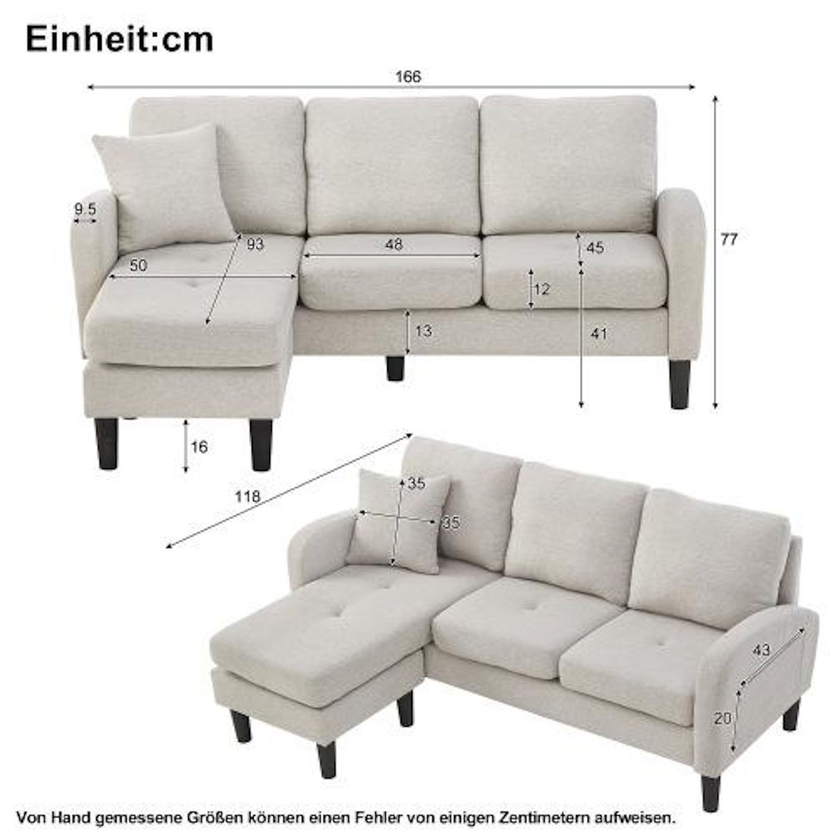 MERAX Canapé d'angle réversible fixe 3 places coton et lin