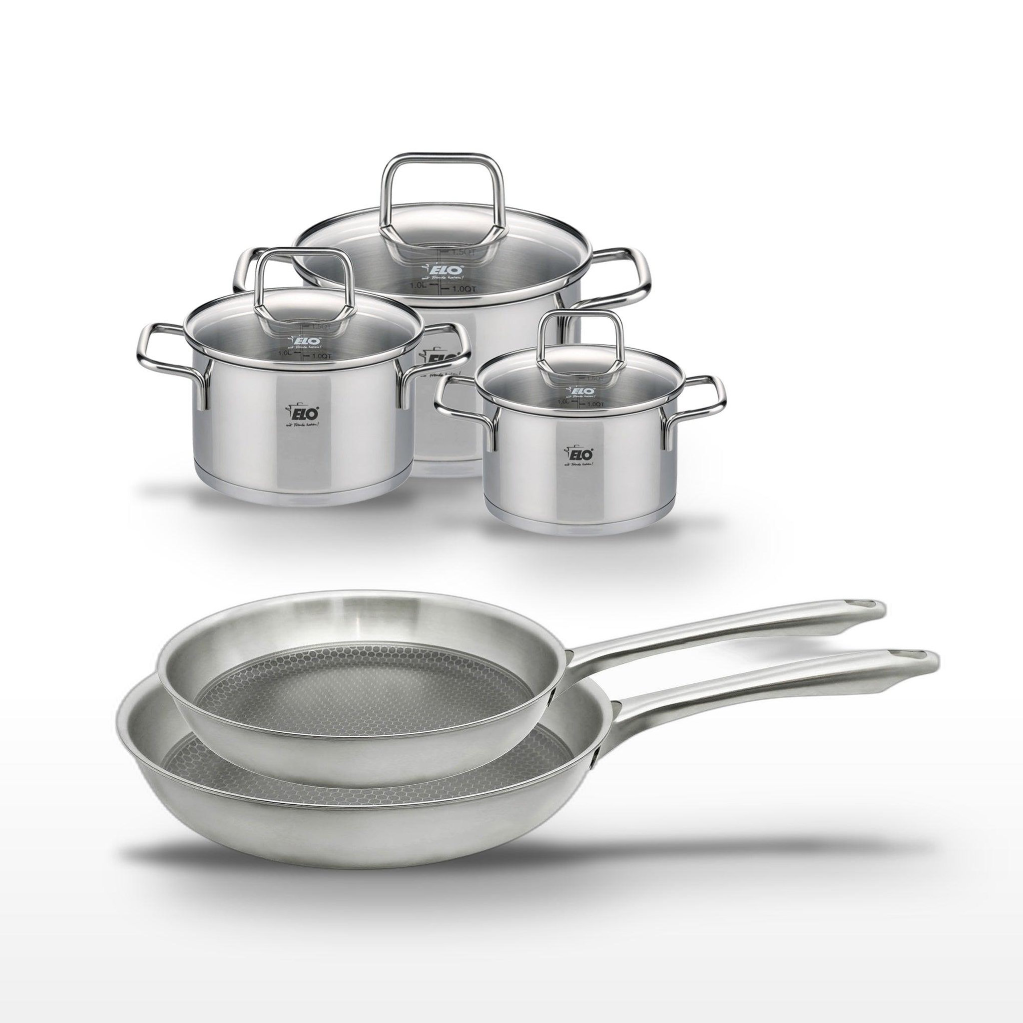 ELO Lot de 2 poêles 24/28 cm et 3 faitouts 14/16/20 cm elo relief passion