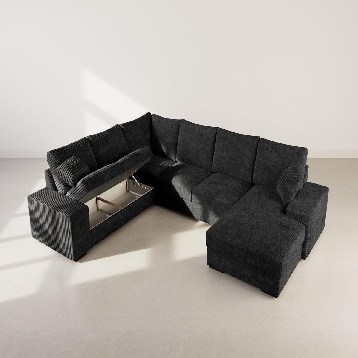 BEST MOBILIER Lorie - canapé panoramique d'angle gauche 7 places convertible en velours côtelé grosse côte avec coffre