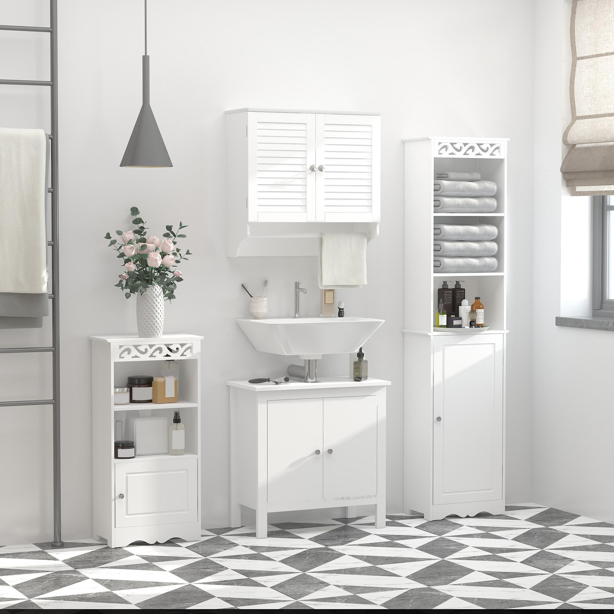 Voir la diapositive 2 : KLEANKIN Armoire haute murale salle de bain ou wc - placard 2 portes persiennes avec étagère - porte-serviette - mdf blanc
