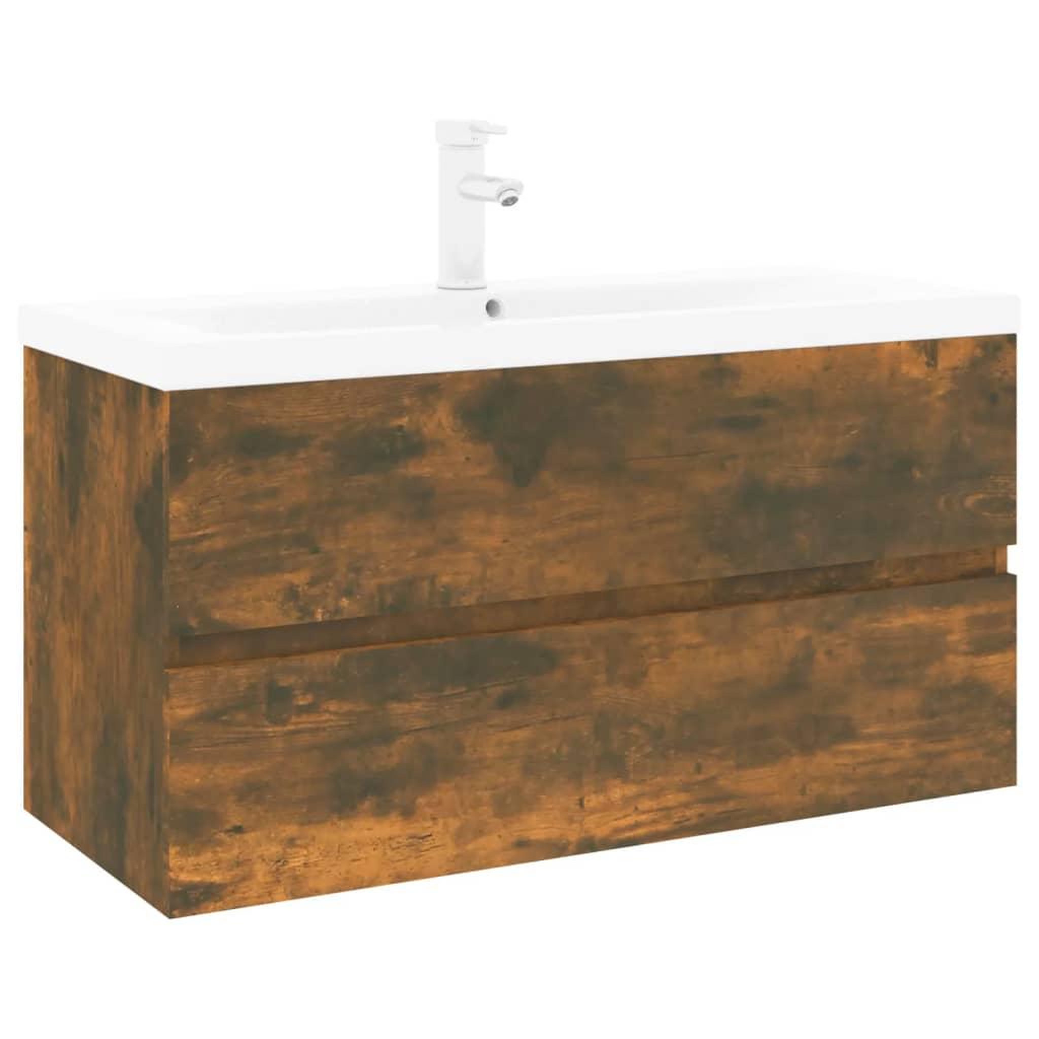 Voir la diapositive 2 : VIDAXL Meuble lavabo avec bassin integre Chene fume Bois d'ingenierie