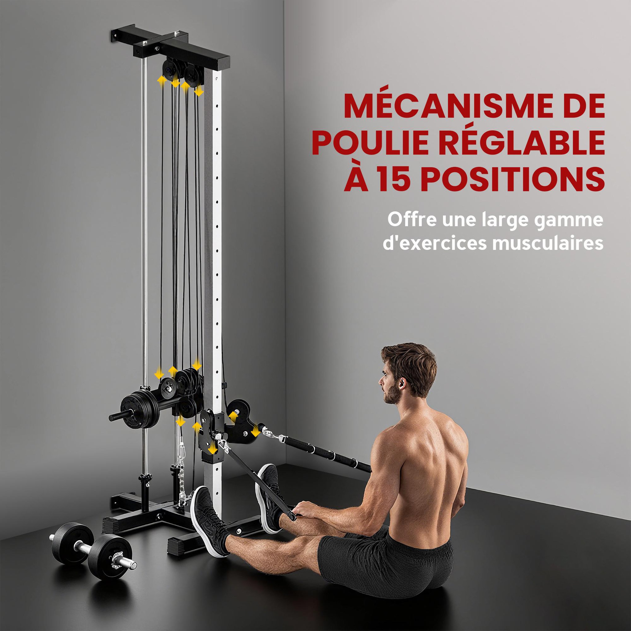 Voir la diapositive 5 : HOMCOM Station de musculation montage mural - double poulie, tirage poitrine, lat pulldown - acier gris noir