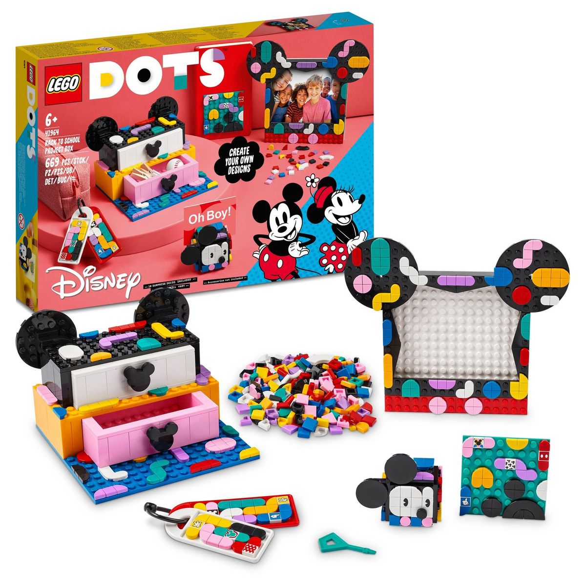 LEGO Dots 41964 Boîte créative La rentrée de Mickey et Minnie, 6 en 1, Rangement, Cadre Photo, Porte-clés, Bloc-notes, Fournitures Scolaires
