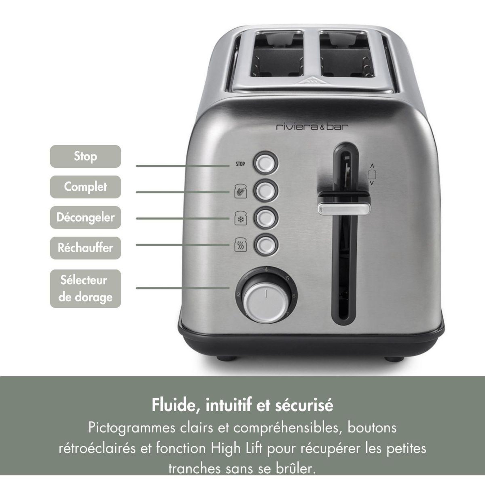Voir la diapositive 3 : Riviera & Bar Grille-pain 2 fentes courtes inox brossé 900 w riviera & bar qgp220, 7 niveaux de brunissage, décongélation et réchauffage, arrêt automatique