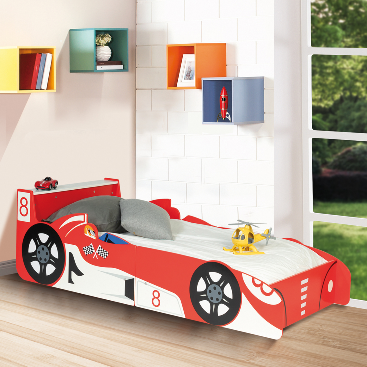 ID MARKET Lit enfant voiture formule 1 TEDDI 70 x 140 CM rouge