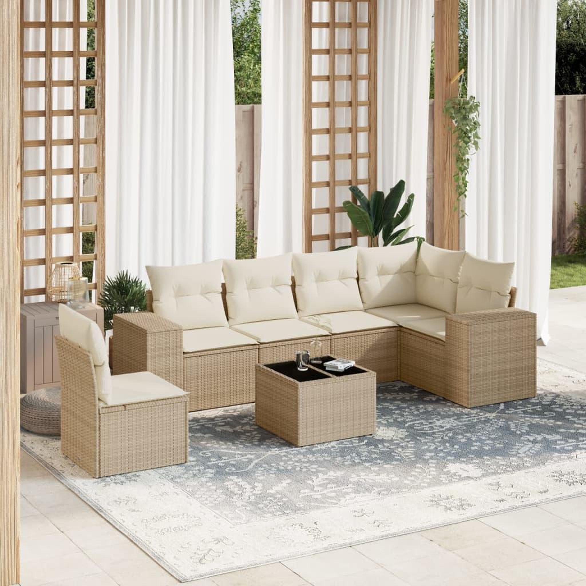 VIDAXL Salon de jardin avec coussins 7 pcs beige resine tressee