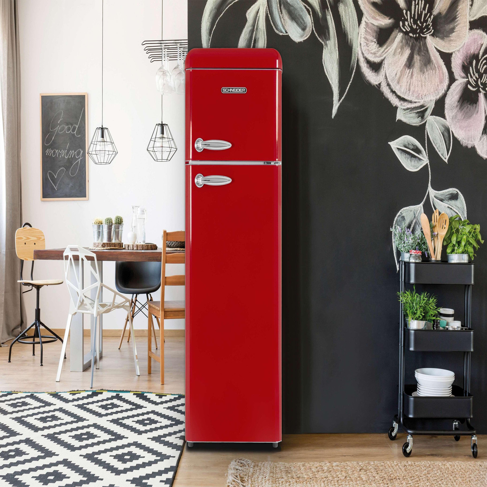 Voir la diapositive 2 : SCHNEIDER Réfrigérateur double porte 211L Vintage Rouge - SCDD211V-RE