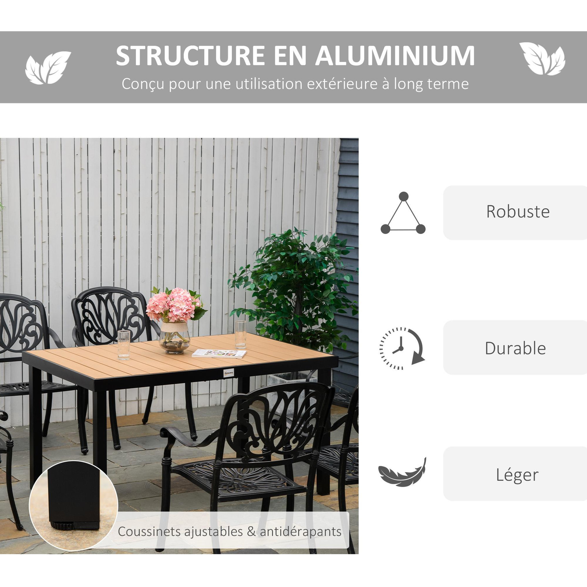 Voir la diapositive 5 : OUTSUNNY Table de jardin 6 personnes dim. 140 x 90 x 74 cm aluminium noir plastique effet bois naturel