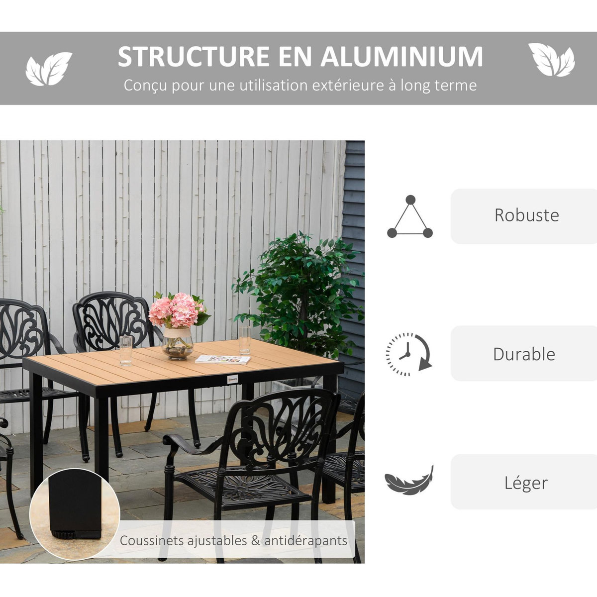 OUTSUNNY Table de jardin 6 personnes dim. 140 x 90 x 74 cm aluminium noir plastique effet bois naturel