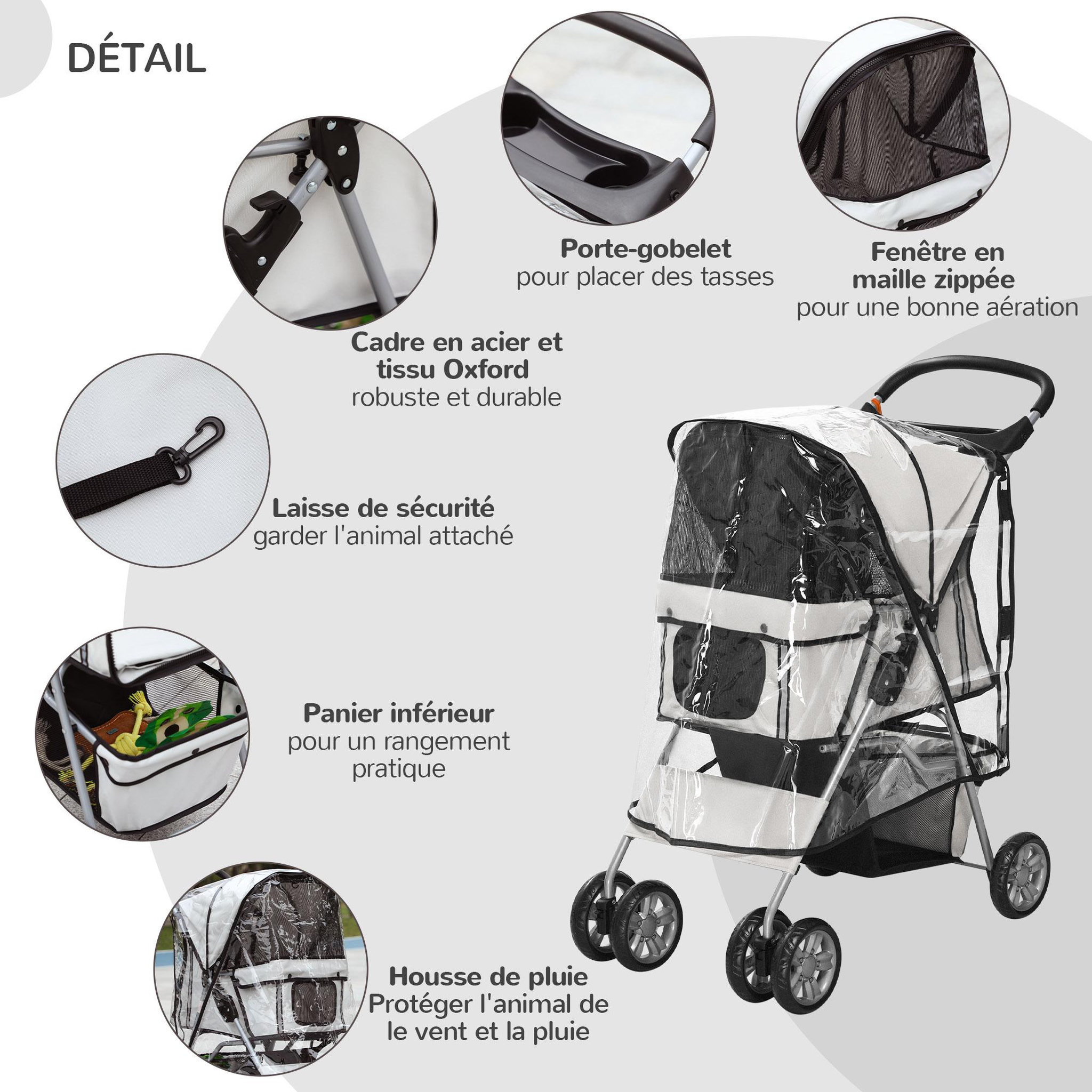 Voir la diapositive 6 : PAWHUT Poussette buggy pliable animaux chariot pliant chien chat porte-gobelet panier de rangement inclus roues avec frein tissu 600d oxford métal gris