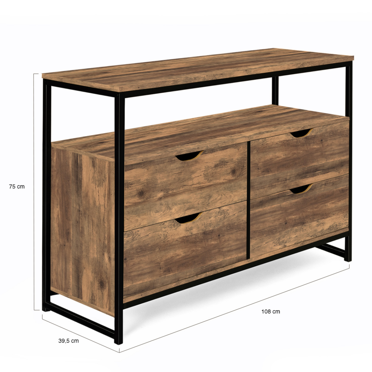ID MARKET Commode 4 tiroirs HAWKINS 110 cm bois foncé design industriel avec étagère