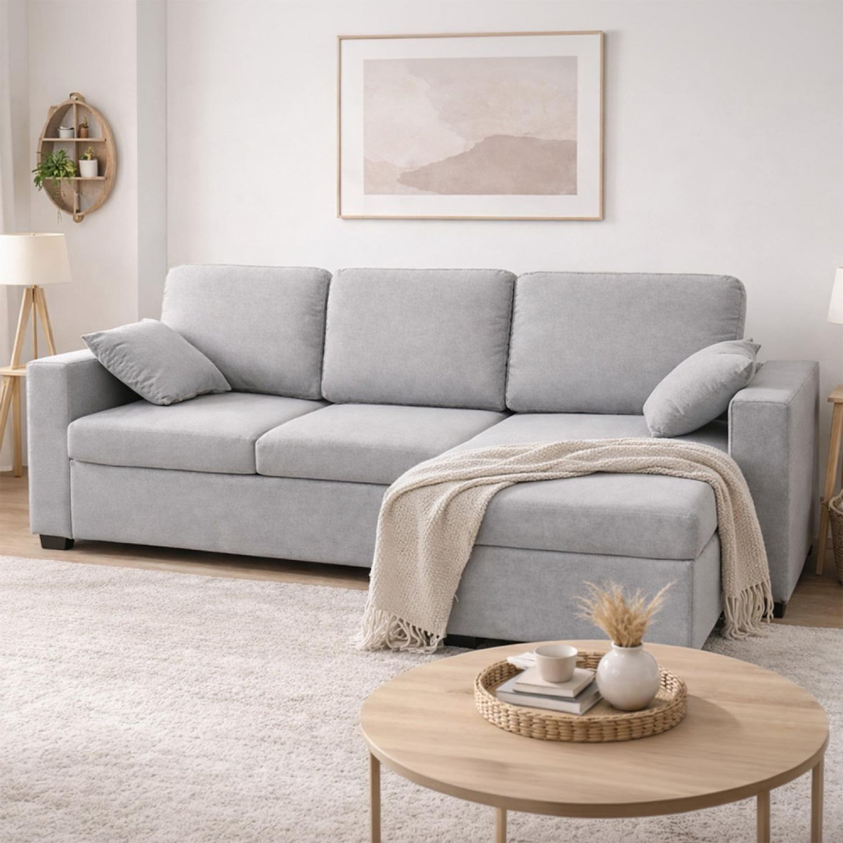 CONCEPT USINE Canapé d'angle convertible 3 places avec coffre en tissu gris CELBRIDGE