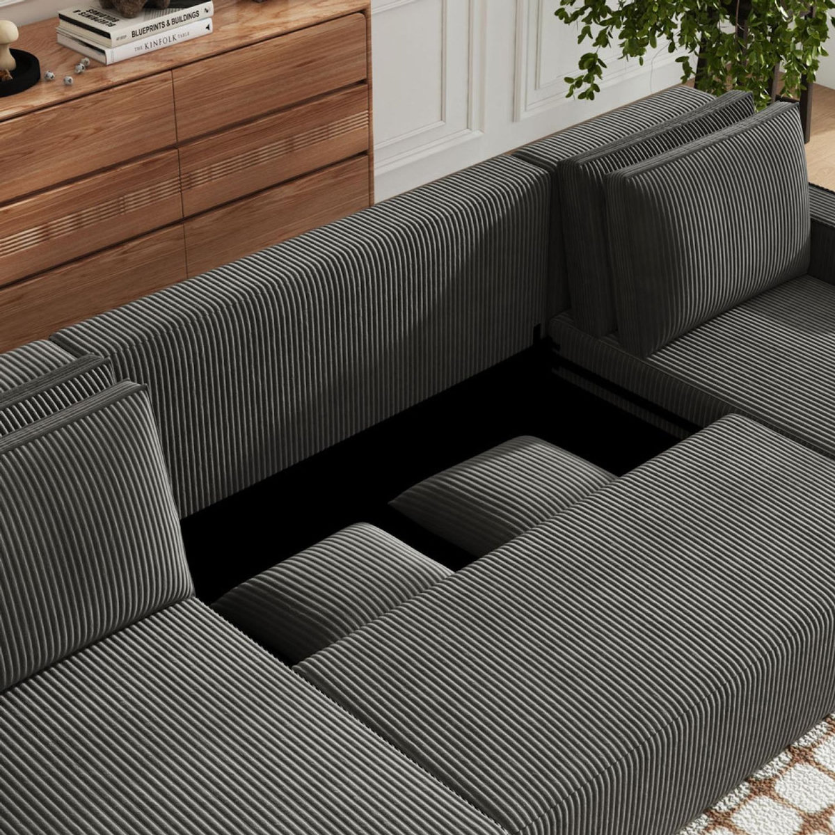 CONCEPT USINE Canapé convertible 6 places avec coffre en velours côtelé anthracite SALISBURY