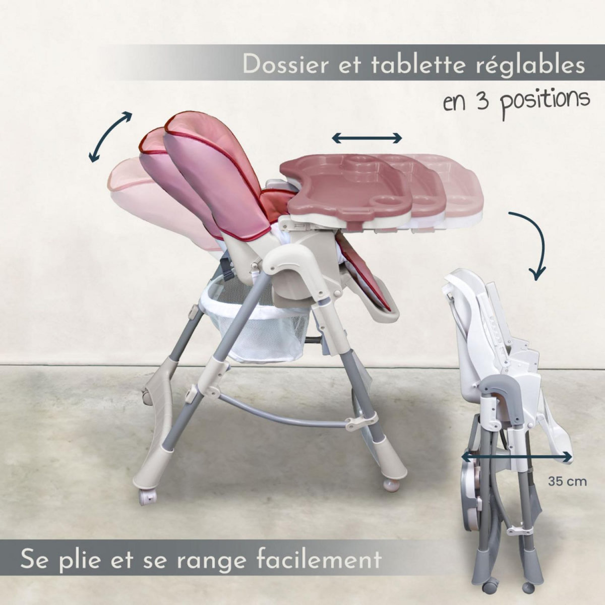 Monsieur Bébé Chaise haute bébé pliable réglable hauteur dossier tablette - Ptit
