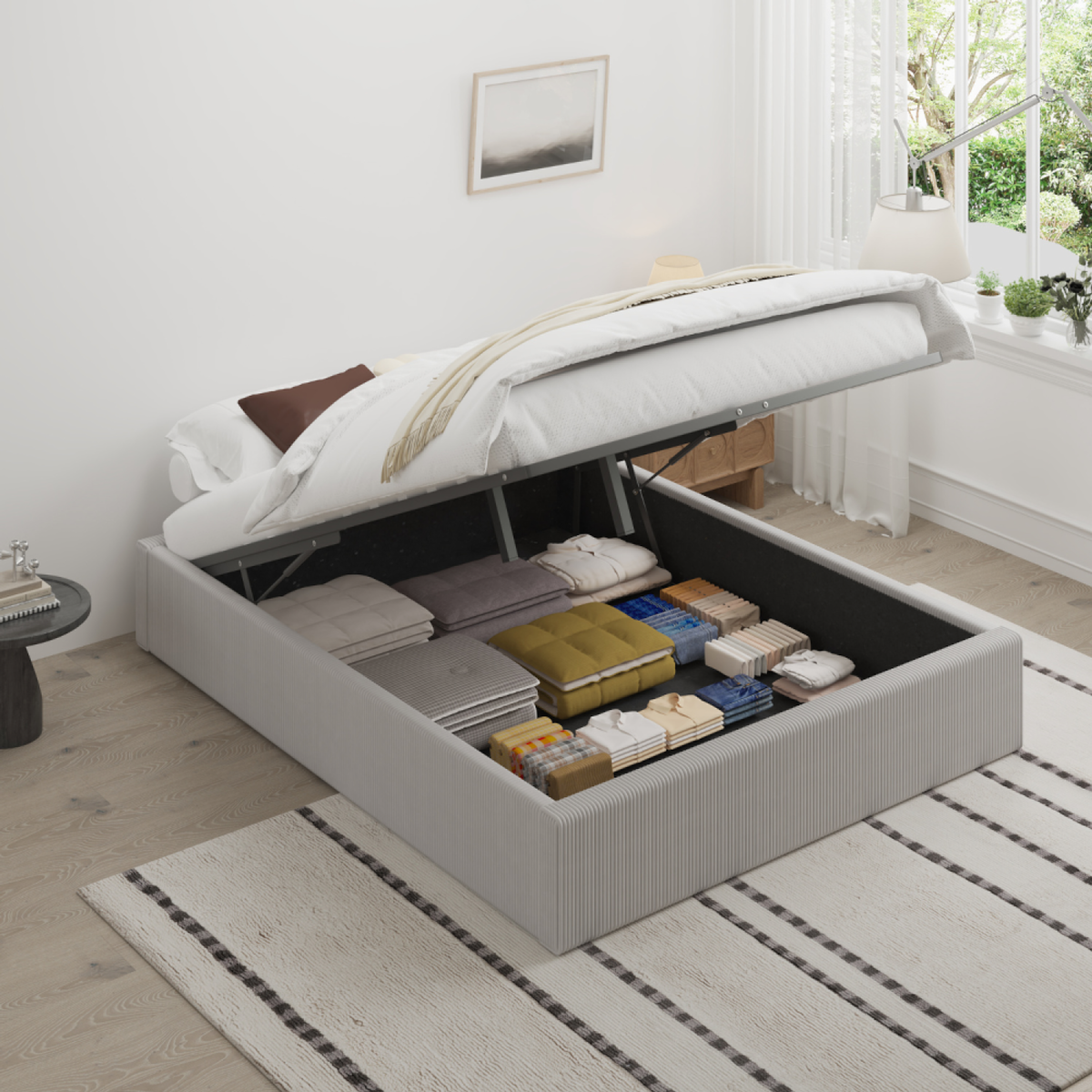 CONCEPT USINE Lit avec coffre de rangement 160x200cm velours côtelé gris AUSTIN