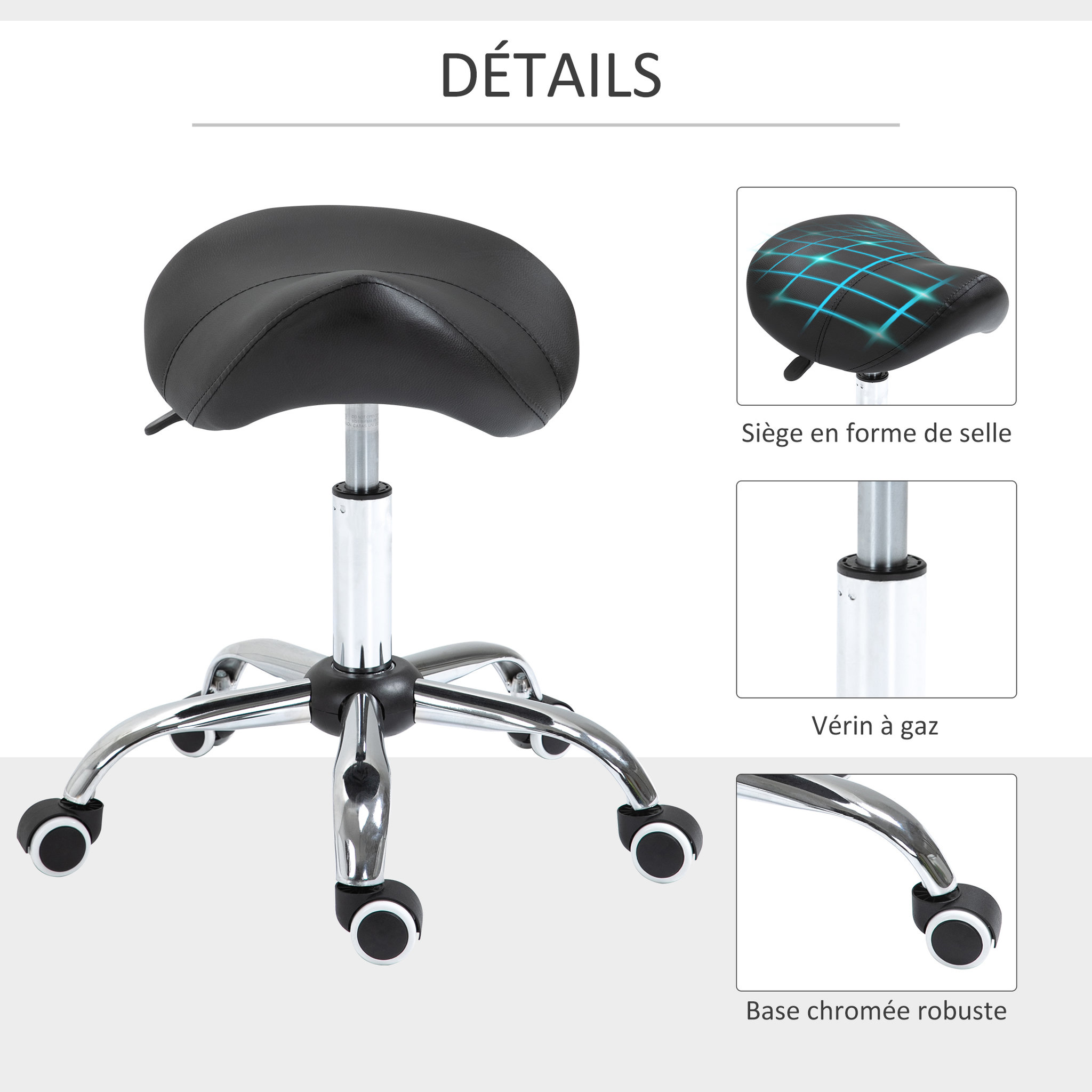 Voir la diapositive 6 : HOMCOM Tabouret de massage tabouret selle ergonomique pivotant 360° hauteur réglable revêtement synthétique noir chromé