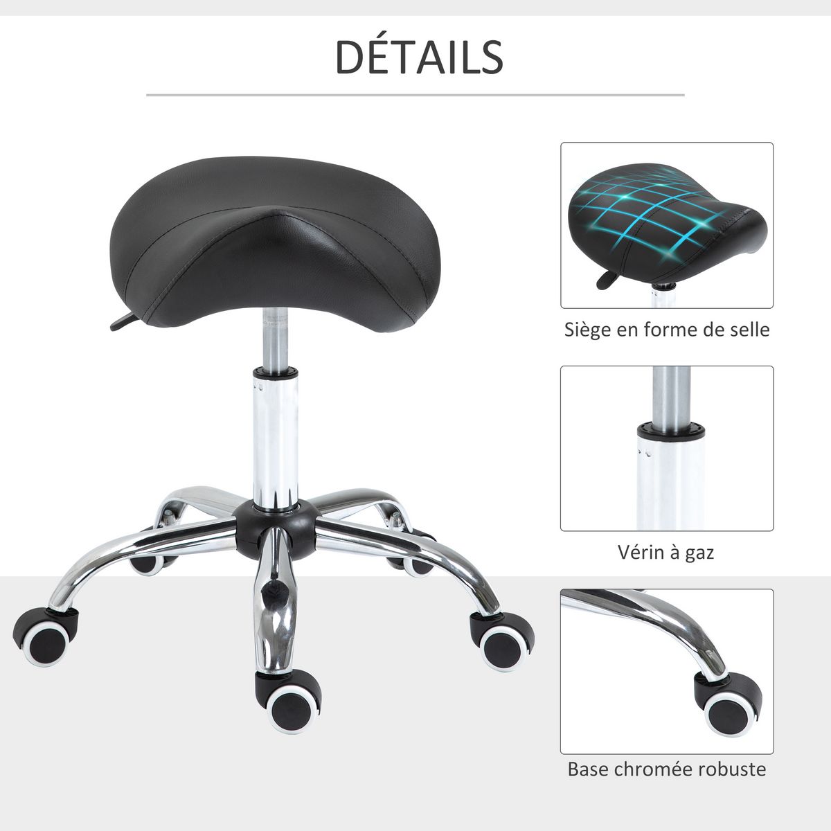 HOMCOM Tabouret de massage tabouret selle ergonomique pivotant 360° hauteur réglable revêtement synthétique noir chromé