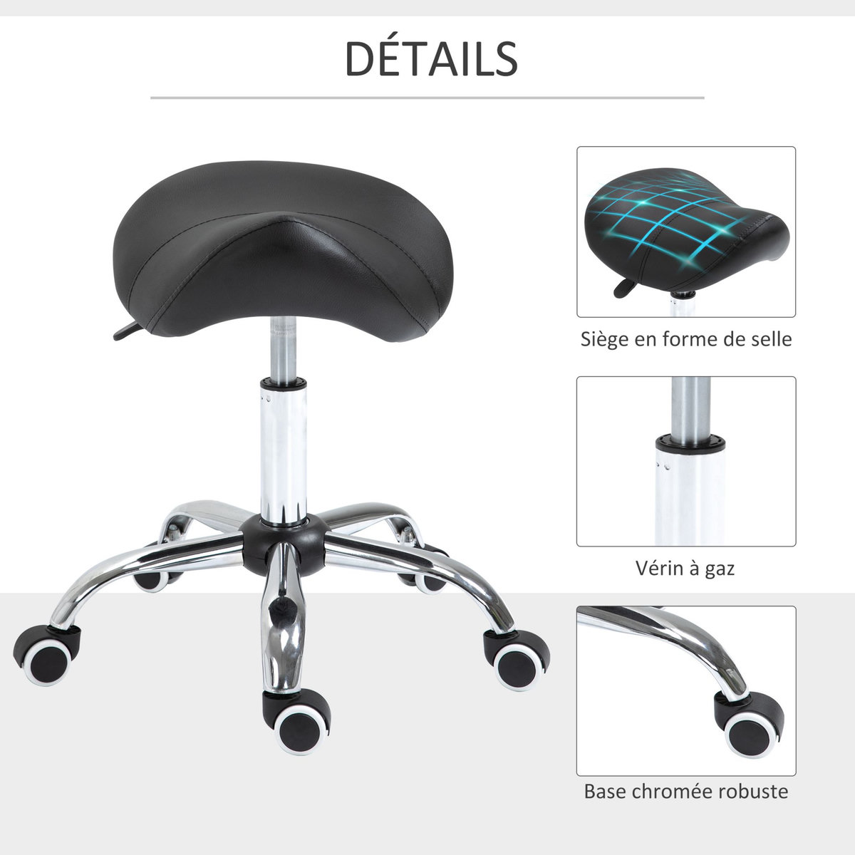 HOMCOM Tabouret de massage tabouret selle ergonomique pivotant 360° hauteur réglable revêtement synthétique noir chromé