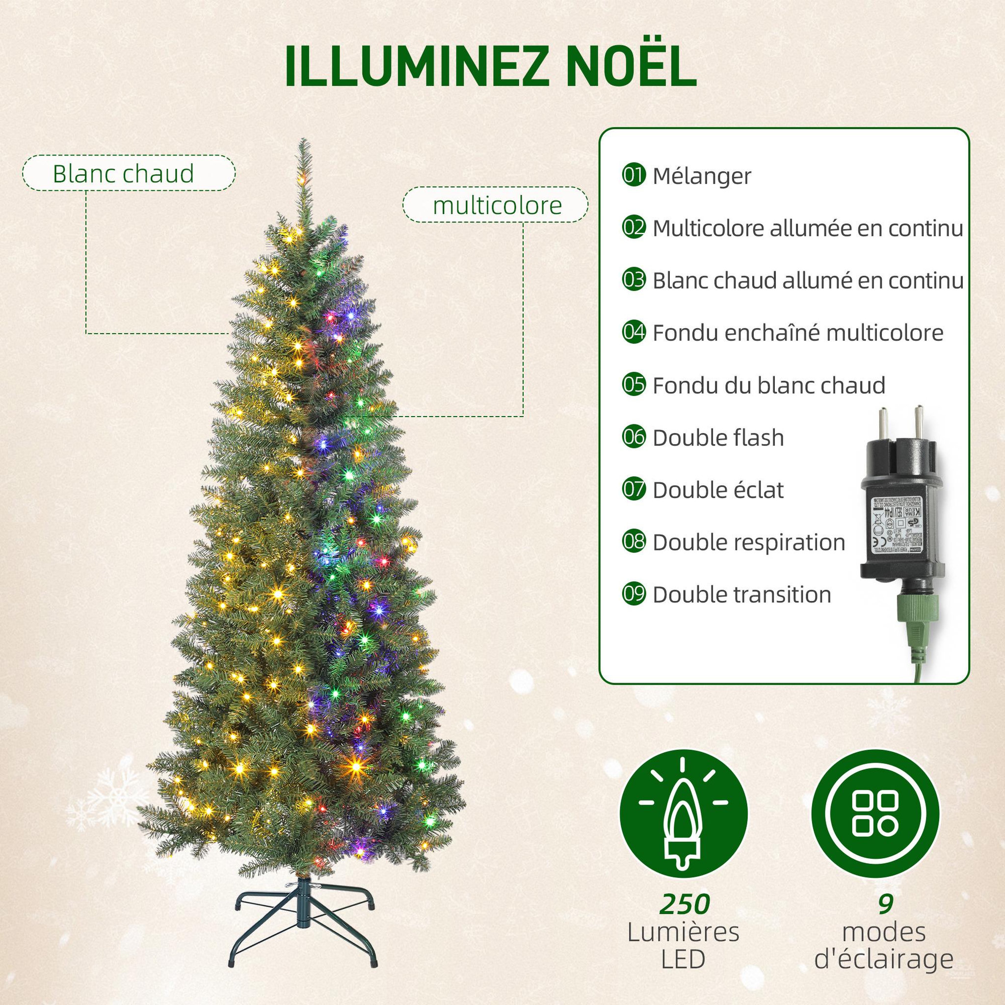 Voir la diapositive 5 : HOMCOM Sapin de noël artificiel led x 250 blanc chaud ou multicolore 9 modes h.180 cm 899 branches support vert