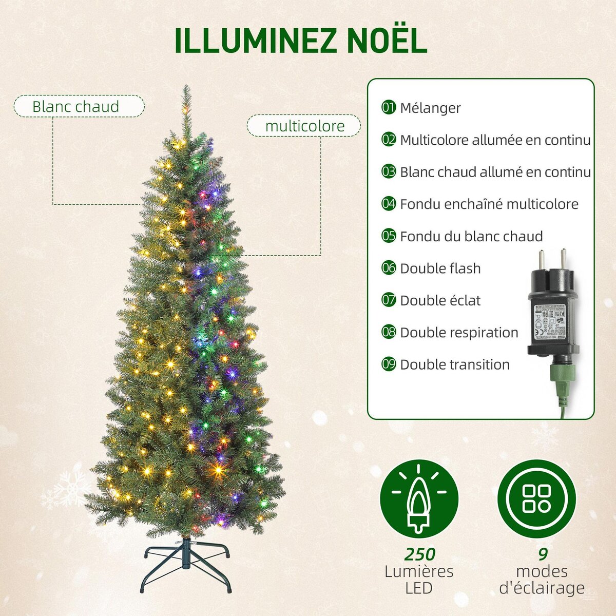 HOMCOM Sapin de Noël artificiel LED x 250 blanc chaud ou multicolore 9 modes H.180 cm 899 branches support vert