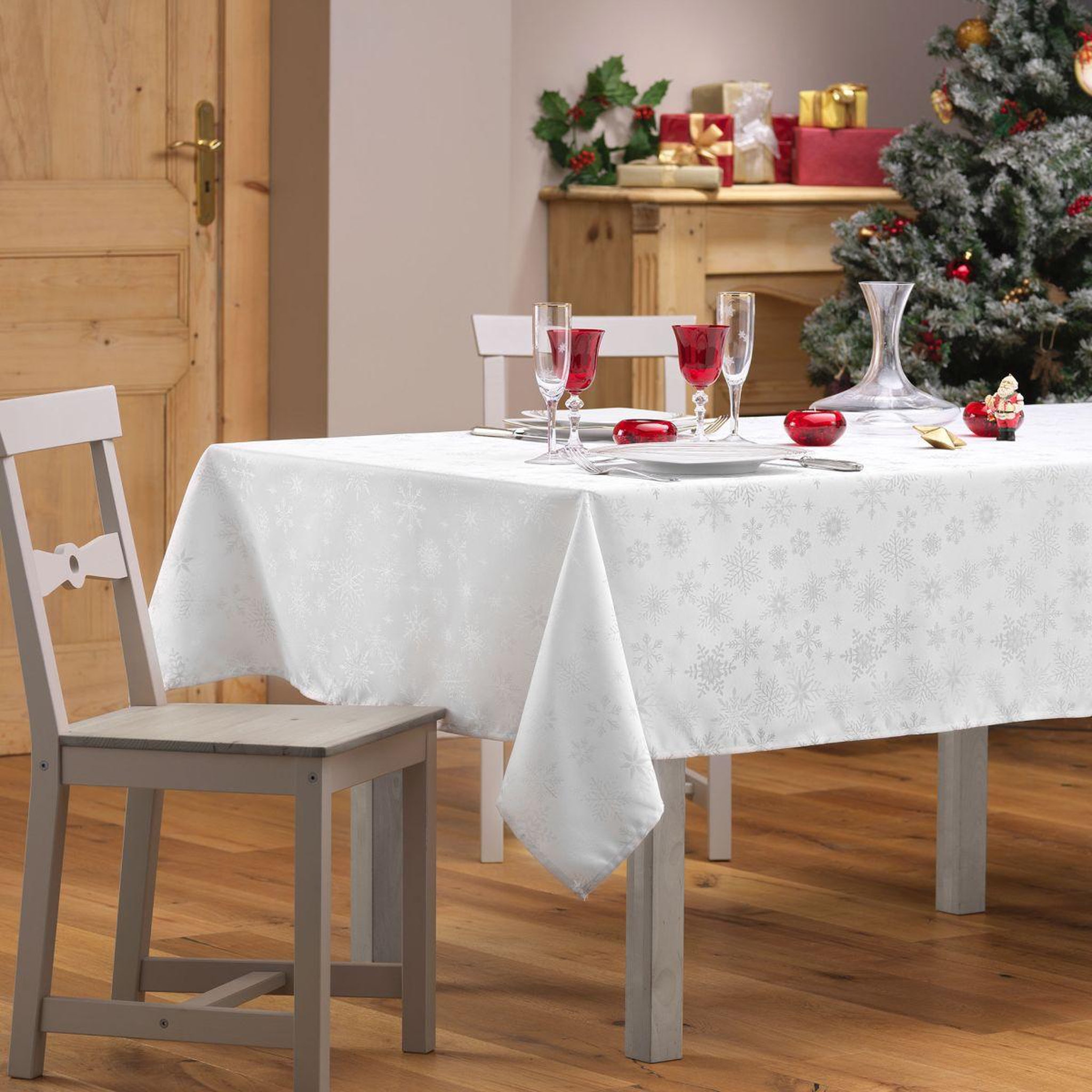 Voir la diapositive 4 : Douceur d'Intérieur Nappe jacquard imprimé  flocons  140x300cm blanc