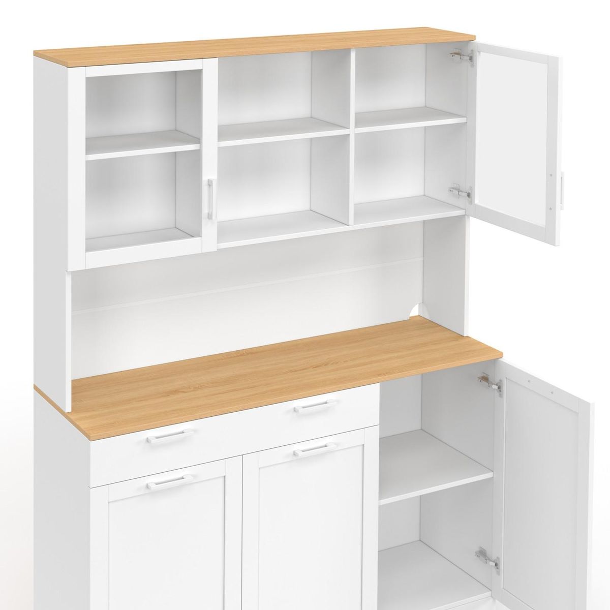 ID MARKET Buffet de cuisine vitré 120 cm VITO 5 portes + 1 tiroir blanc et plateau façon hêtre