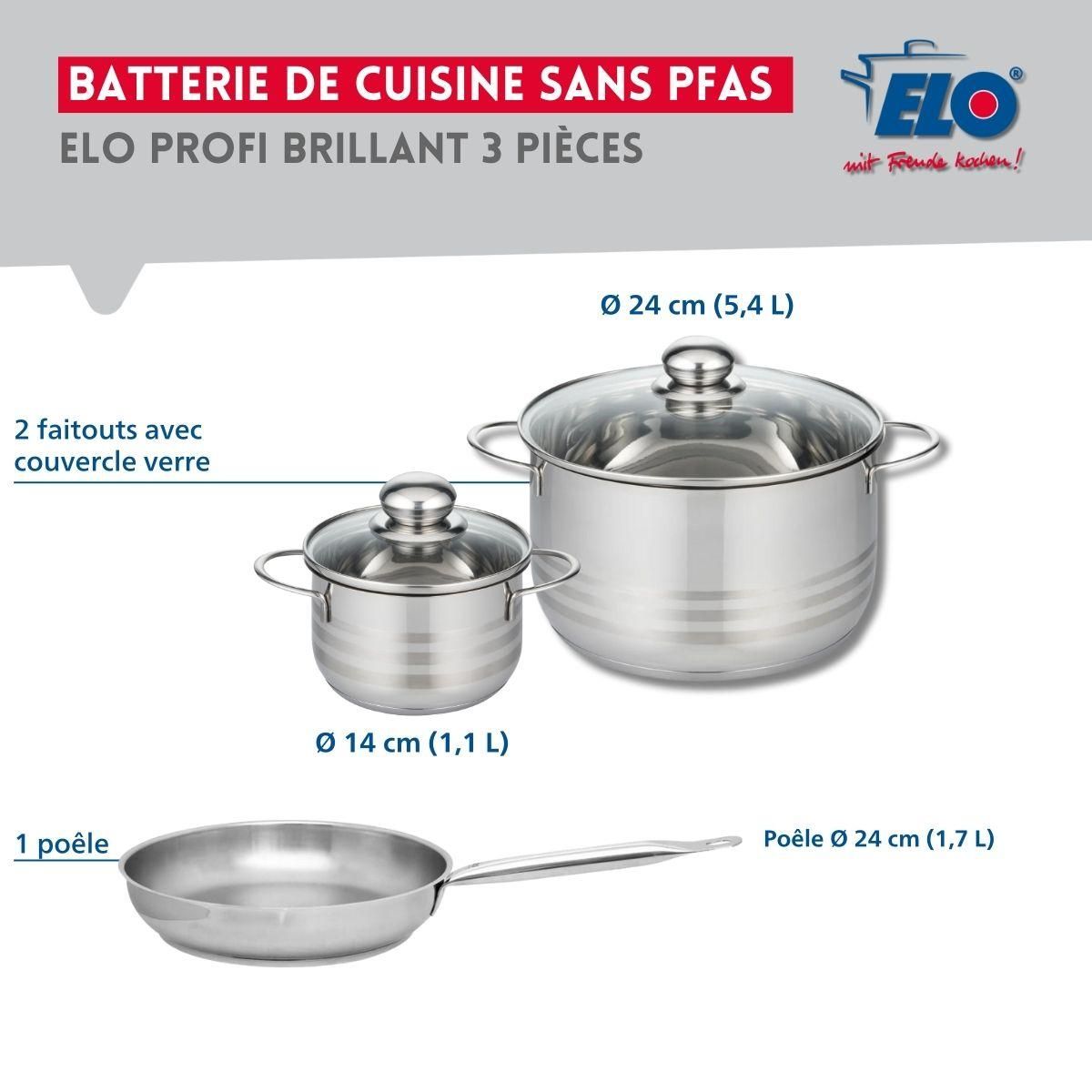 ELO Ensemble de 1 Poêle de cuisson 24 cm et 2 faitouts 14 et 24 cm Elo Profi Brillant