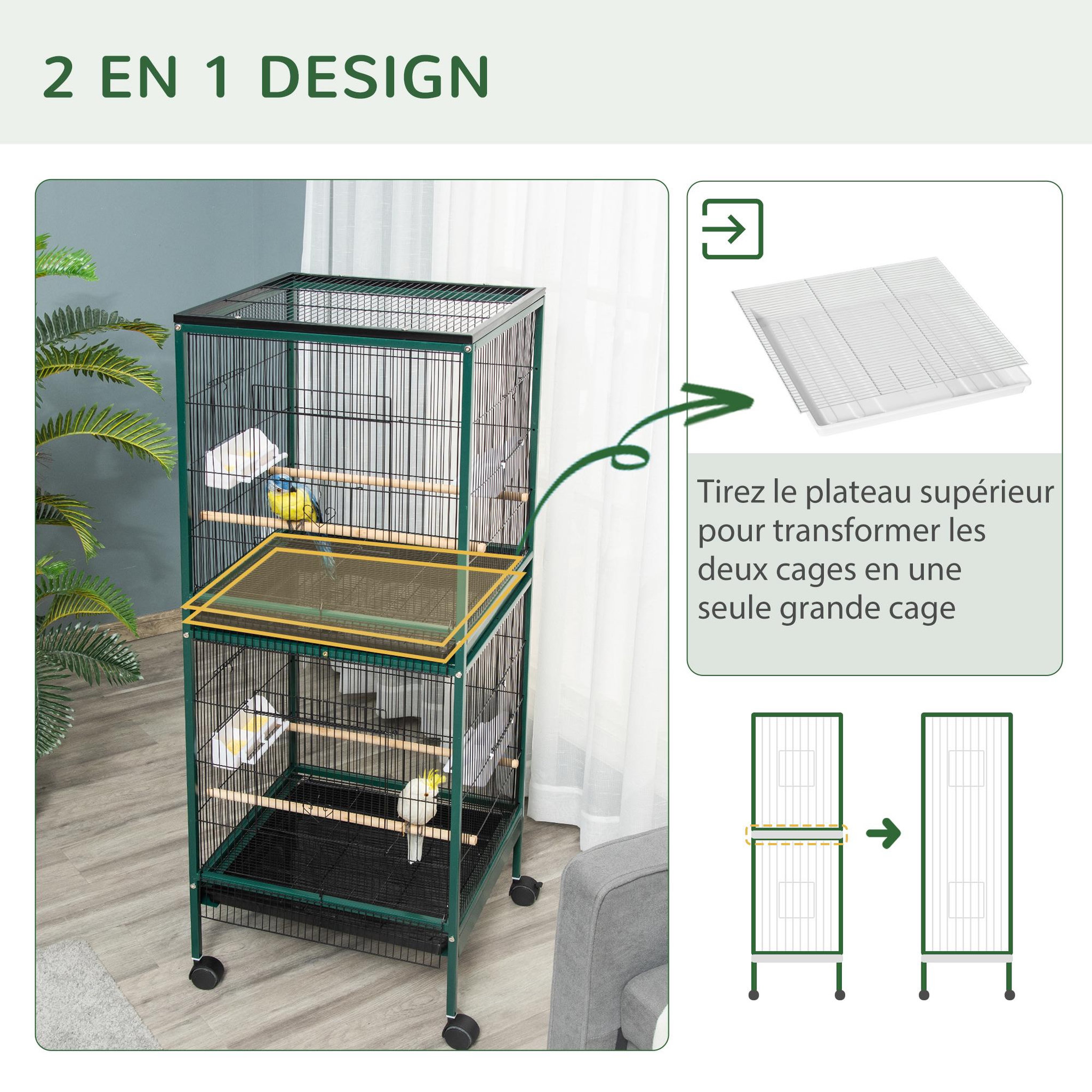 Voir la diapositive 4 : PAWHUT Grande cage à oiseaux sur pied à roulettes - volière double, mangeoires, perchoirs, plateau amovible - vert noir