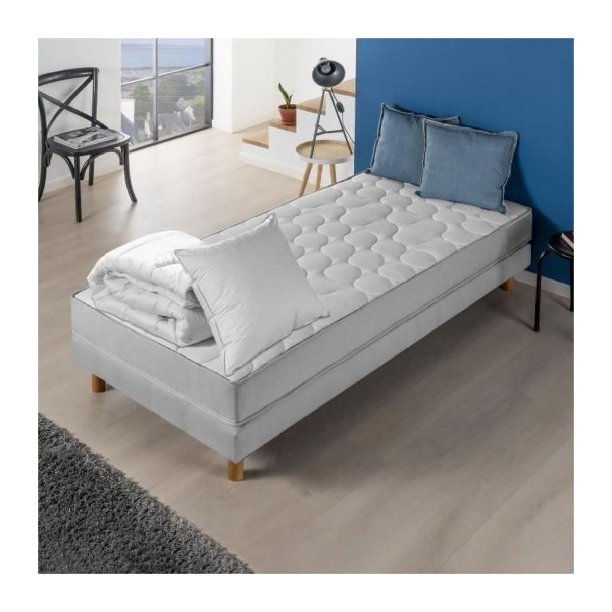 DEKO DREAM Pack matelas 90x190 cm + couette + oreiller - 330 Ressorts ensachés - 5 zones de confort - 19 cm - Ferme - DEKO DREAM Springmax