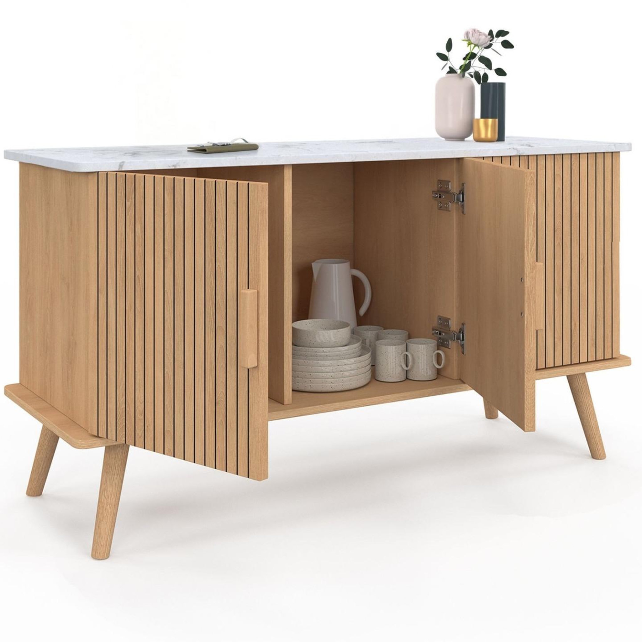 Voir la diapositive 4 : ID MARKET Buffet 110 cm juliette plateau effet marbre 3 portes lattes tasseau bois coloris chêne