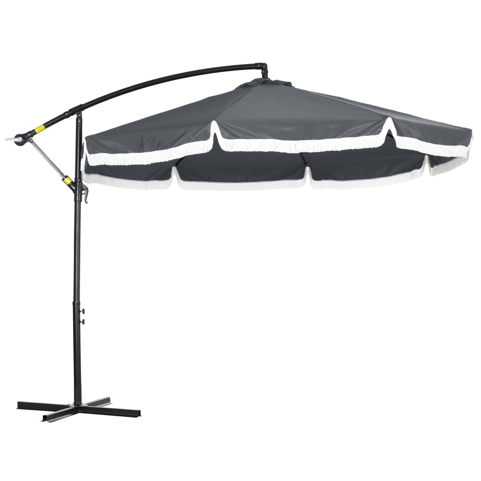 Voir la diapositive 1 : OUTSUNNY Parasol déporté grande taille dim. Ø2,95 x 2,6H m manivelle pied en croix 8 baleines gris