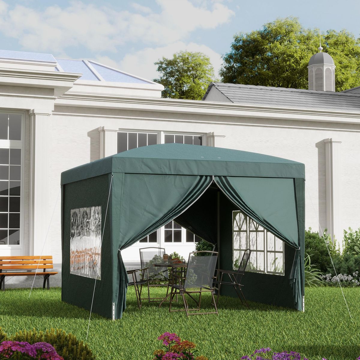 OUTSUNNY Tonnelle barnum pop-up pliant dim. 3L x 3l x 2,58H m 2 fenêtres sac transport acier Oxford vert