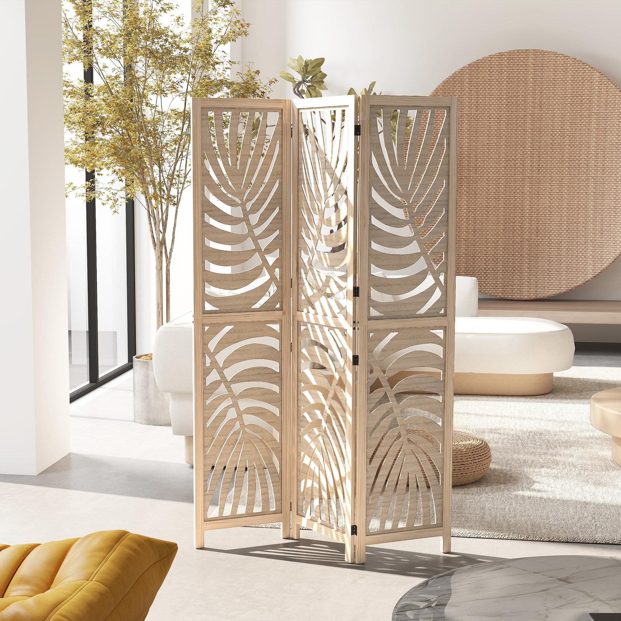 Voir la diapositive 2 : HOMCOM Paravent interieur 4 panneaux style exotique - séparateur pliable ajustable 2 parties - bois ajouré feuilles