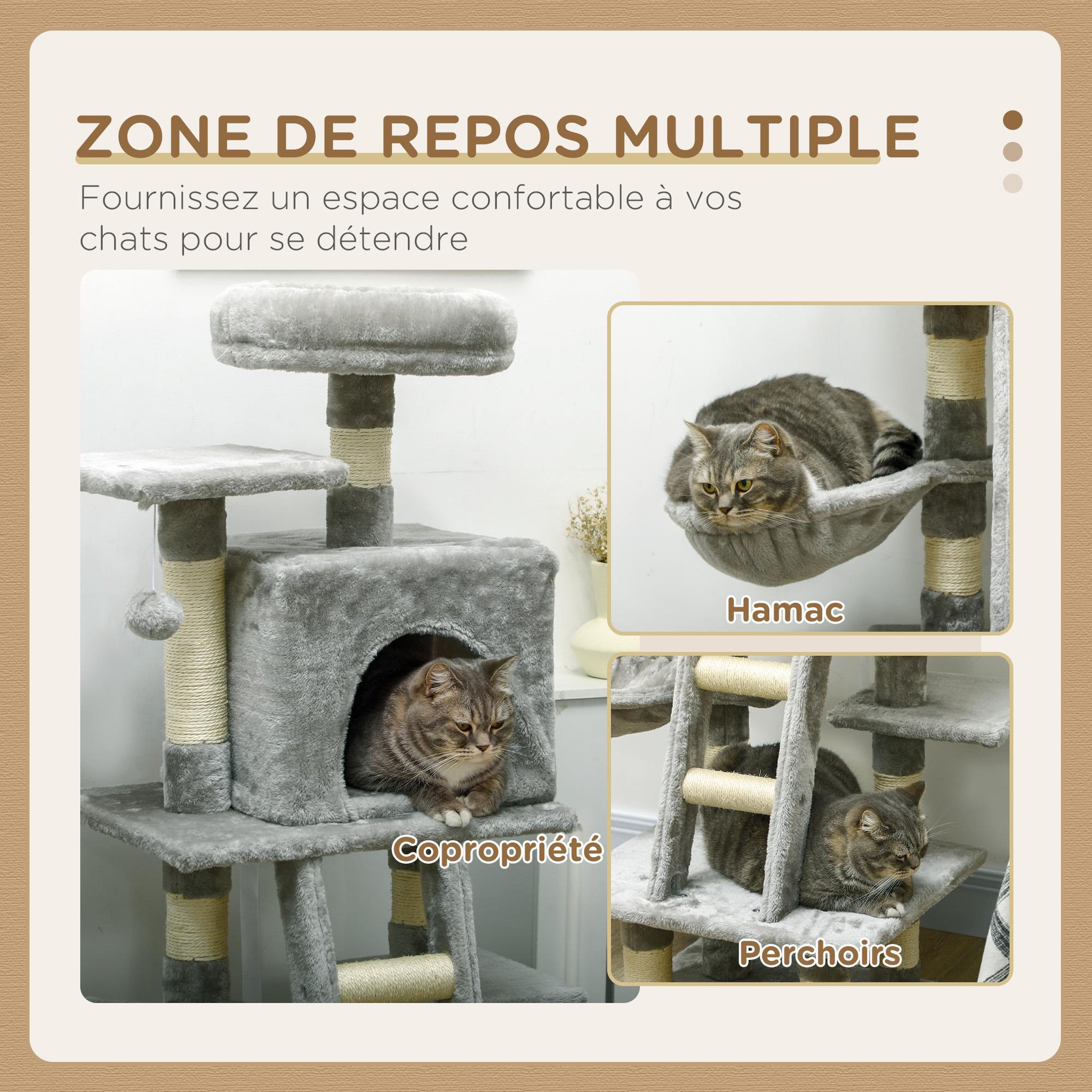 Voir la diapositive 5 : PAWHUT Arbre à chat multi-équipements griffoirs grattoirs niche plateformes + échelle + hamac + boule suspendue gris