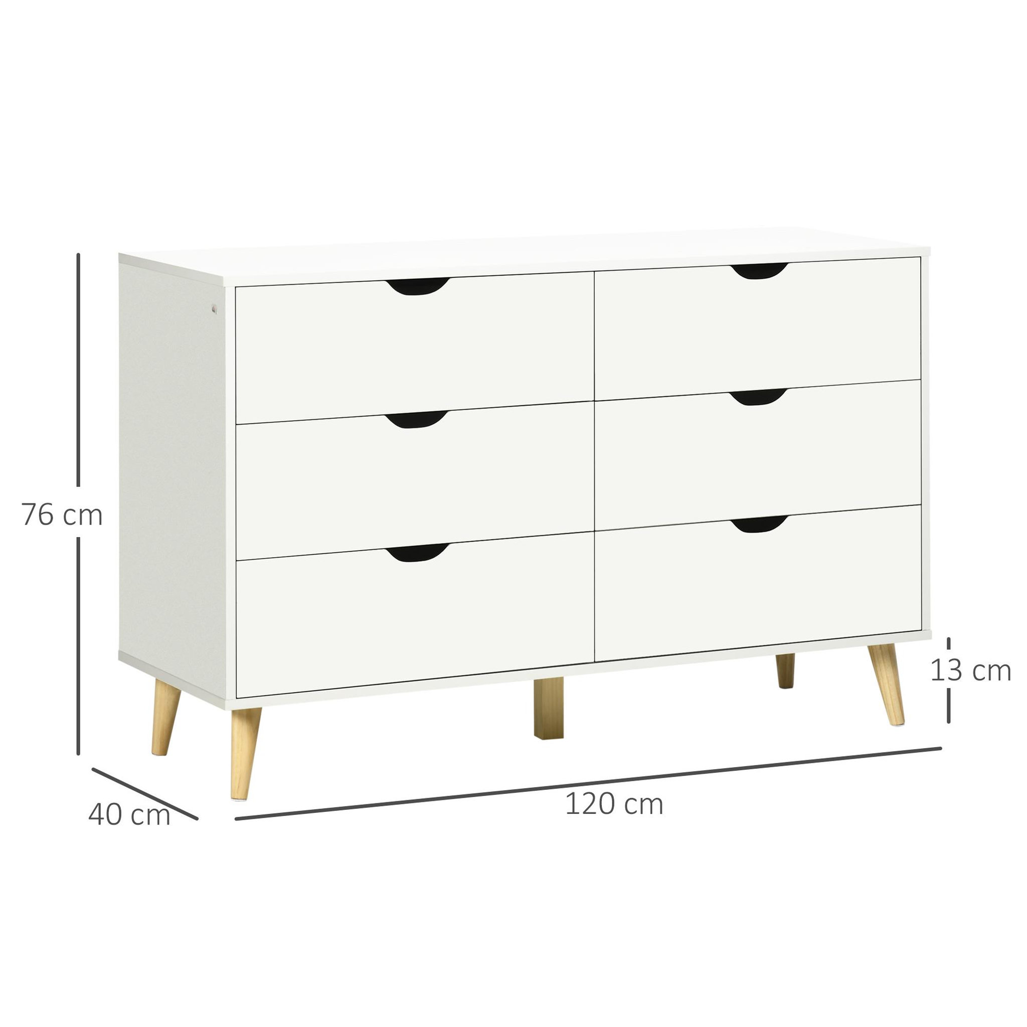 Voir la diapositive 3 : HOMCOM Commode 6 tiroirs design scandinave piètement effilé incliné bois pin panneaux blanc