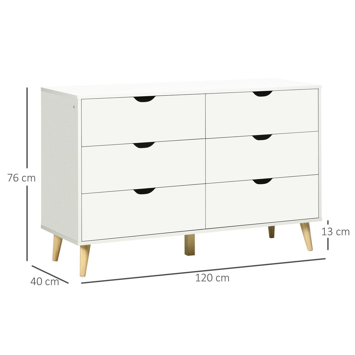 HOMCOM Commode 6 tiroirs design scandinave piètement effilé incliné bois pin panneaux blanc