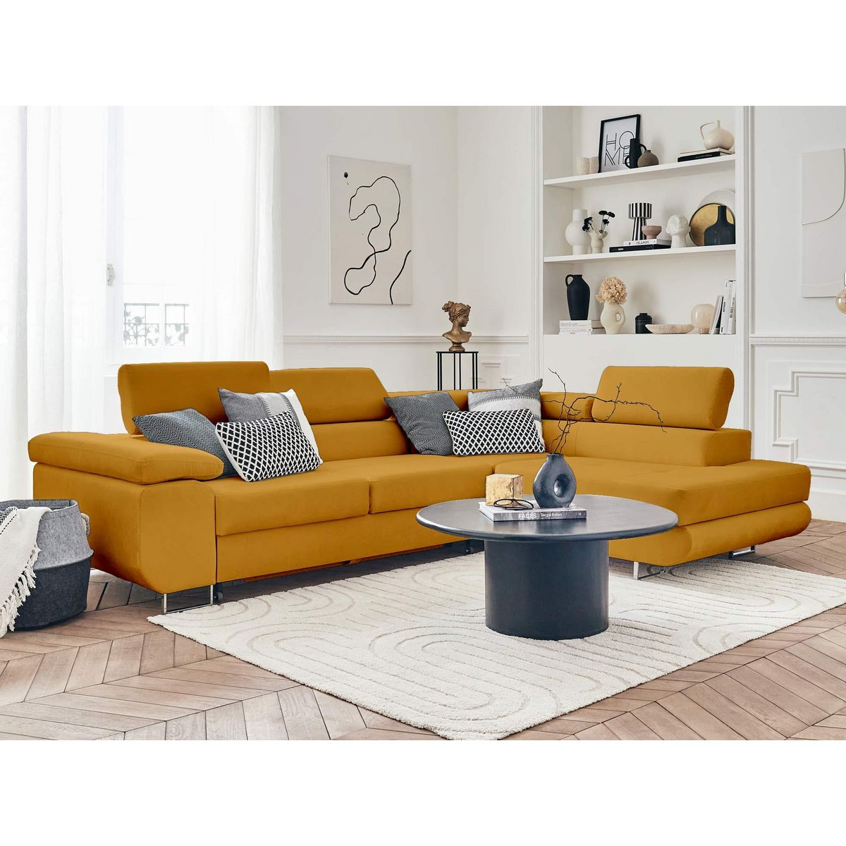 BEST MOBILIER Pablo - canapé d'angle droit - 5 places - convertible avec coffre et têtières réglables - en velours