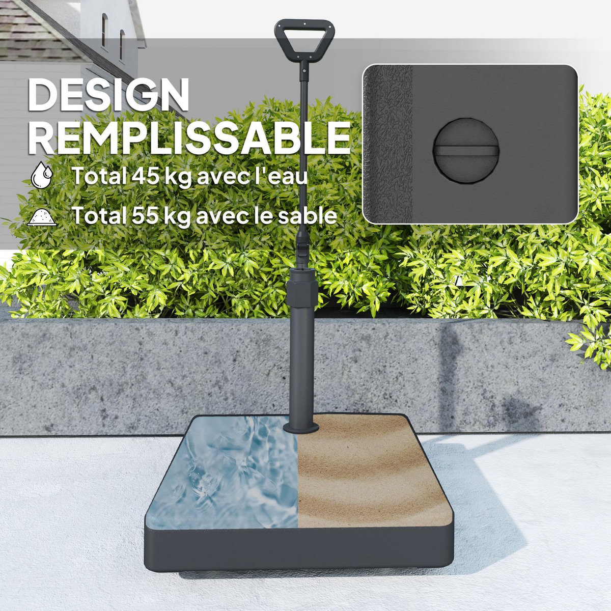 OUTSUNNY Pied de parasol avec poignée ajustable et roulettes - lestage eau sable - dim. 60 x 60 x 100 cm - HDPE noir