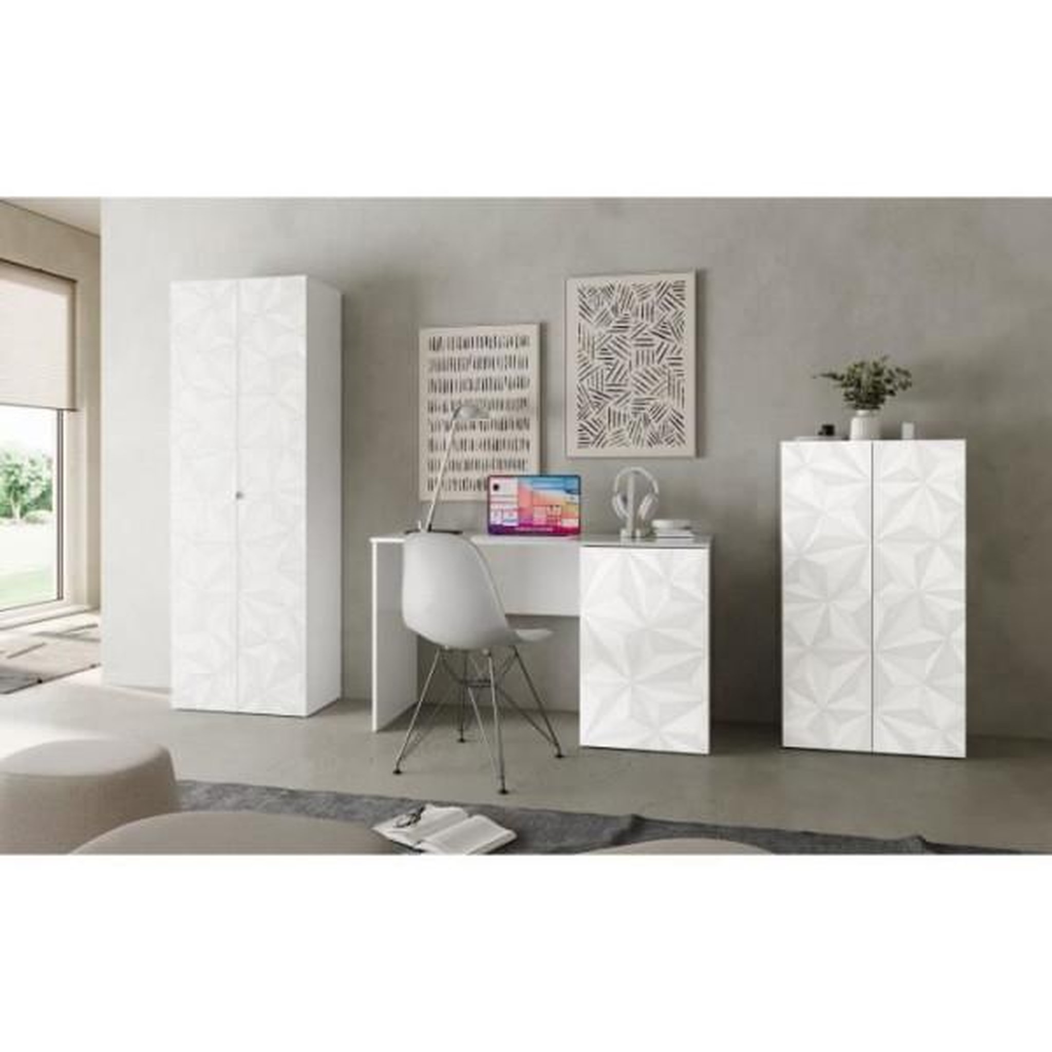 Voir la diapositive 6 : MARKET24 Armoire de rangement - 2 portes - 3 étageres - Blanc laqué - L63 x P35 x H184 cm - PARIGI